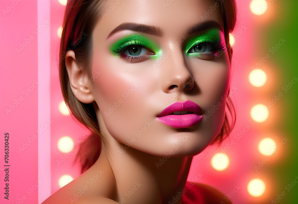 fashion portrait with pink and green. a beautiful glamor model fashion portrait with pink and green. a beautiful glamor model