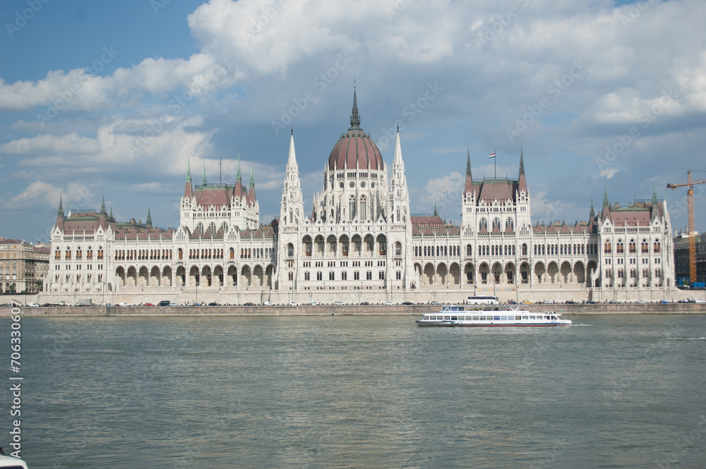 The Hungarian Parliament Building in Budapest, Hungary, Showcasing its Grandeur from the Danube River.