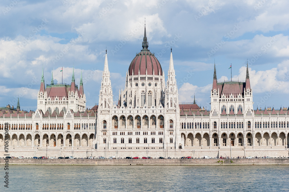 Hungarian Parliament Building in Budapest, Hungary. The main facade as seen from the Danube river