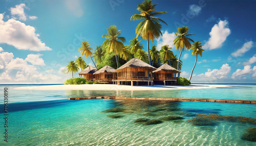 Small tropical island with huts and palm trees surrounded by blue sea water, in the background a beautiful clear blue sky with white clouds. Generative Ai. photo