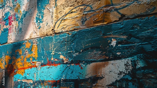 A vibrant blue and yellow wall covered in graffiti. Perfect for urban art or street culture themes
