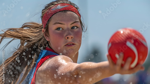 Explosive power, a female shot put athlete, releasing the shot with force, muscles engaged, athletic attire emphasizing strength