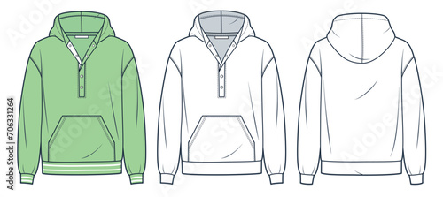  Hoodie technical fashion illustration. Sweatshirt fashion flat technical drawing template, pocket, hood, button closure, front and back view, white, green, women, men, unisex CAD mockup set.