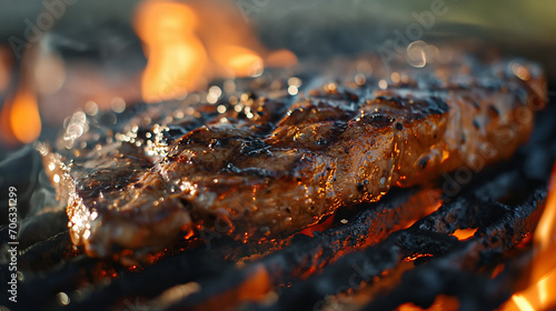 A close-up of a perfectly charred steak, juices sizzling on the grill, capturing the essence of a carnivore's delight. 