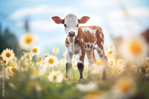 newborn calf standing in a field of daisies