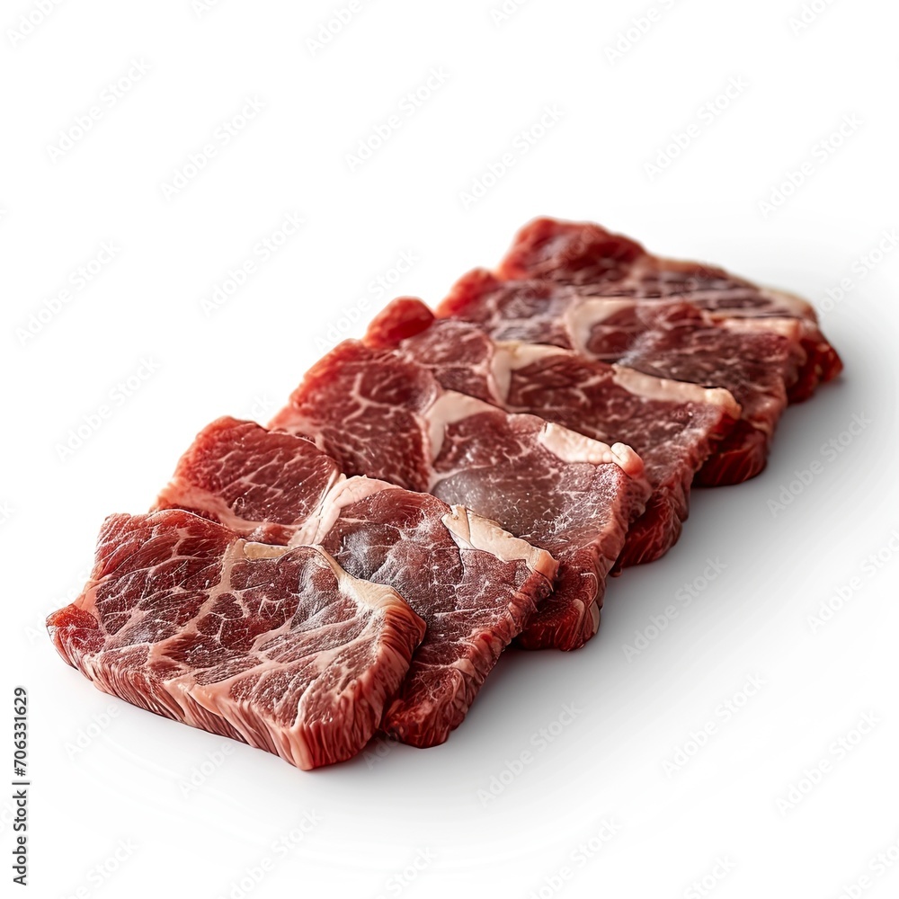 Rare Sliced Wagyu Beef Marbled Texture, White Background, Illustrations Images