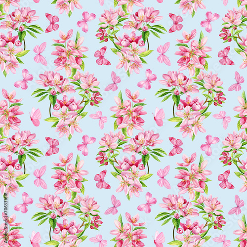Spring apple flowers and butterfly, blue background. Seamless pattern. watercolor Pink floral hand drawn illustration © Hanna