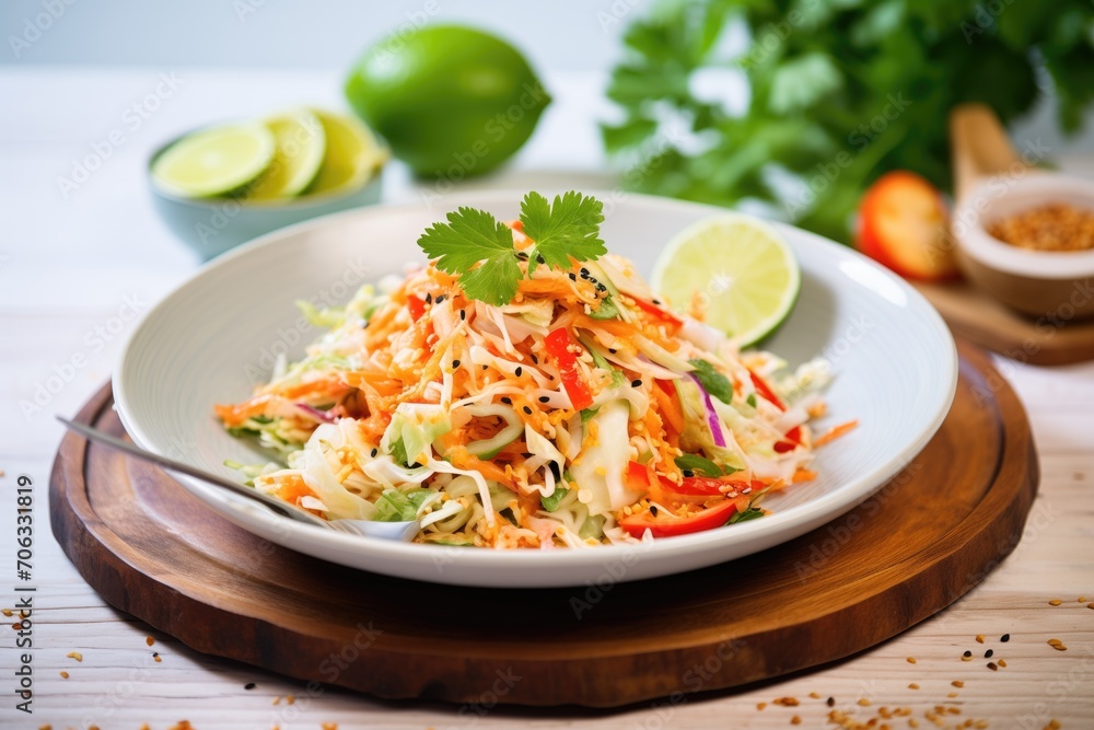 asian slaw with spicy dressing, chili flakes decor