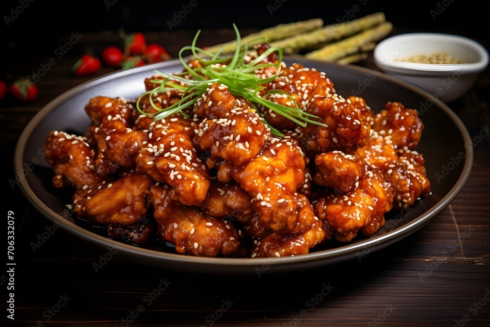 Dakgangjeong, crispy and glazed Korean fried chicken, a delectable blend of sweet, spicy Dakgangjeong, crispy and glazed Korean fried chicken, a delectable blend of sweet, spicy