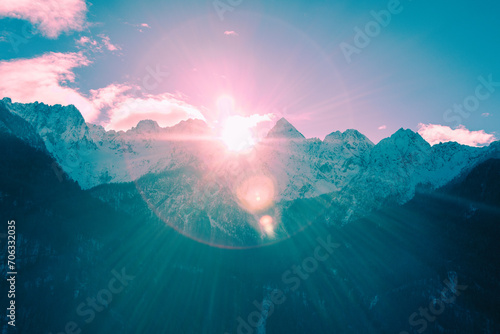 The tops of the mountains are covered with snow. View of Alps in Kranjska Gora at sunrise. Triglav national park. Slovenia, Europe photo