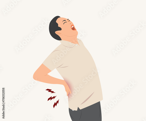 Young man has pain in his waist and back, health problems, muscles or bones. Vector illustration