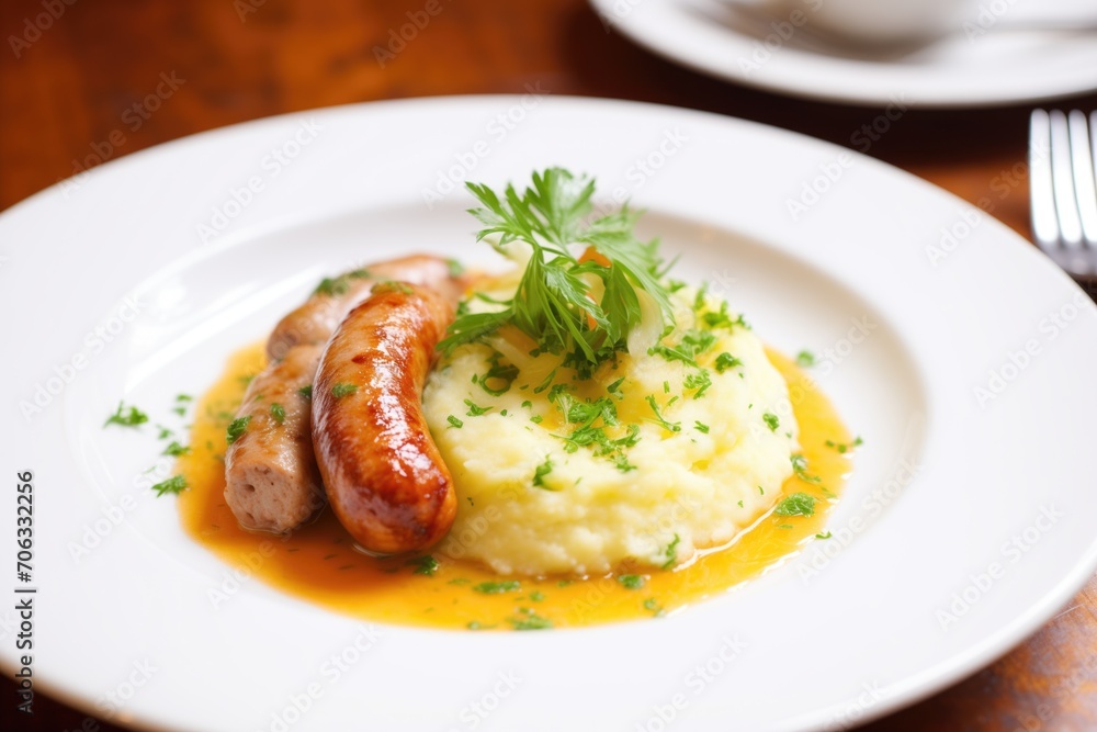 plate of bangers and mash with a sprig of parsley plate of bangers and mash with a sprig of parsley