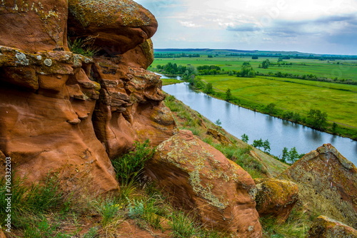 tourist attraction fancy red stones in the Orenburg region on a summer day