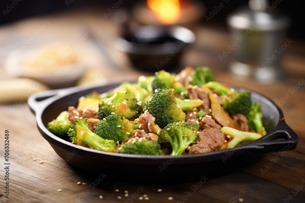 sizzling beef and broccoli skillet on a rustic table
