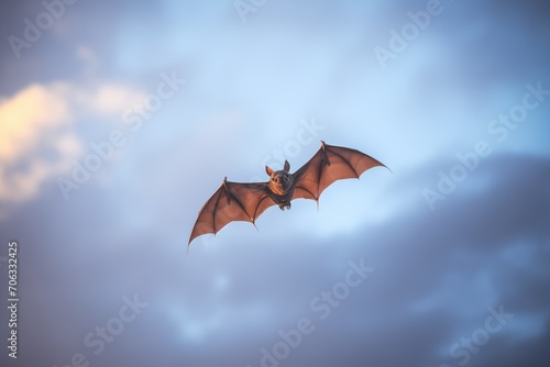 lone bat soaring with dim lit sky backdrop