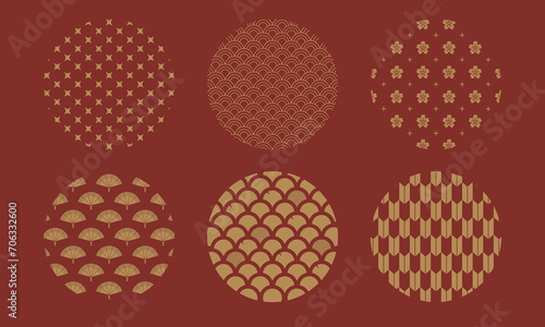 Hand drawn vector illustration of minimal Chinese Japanese pattern symbol emblem elements concept.