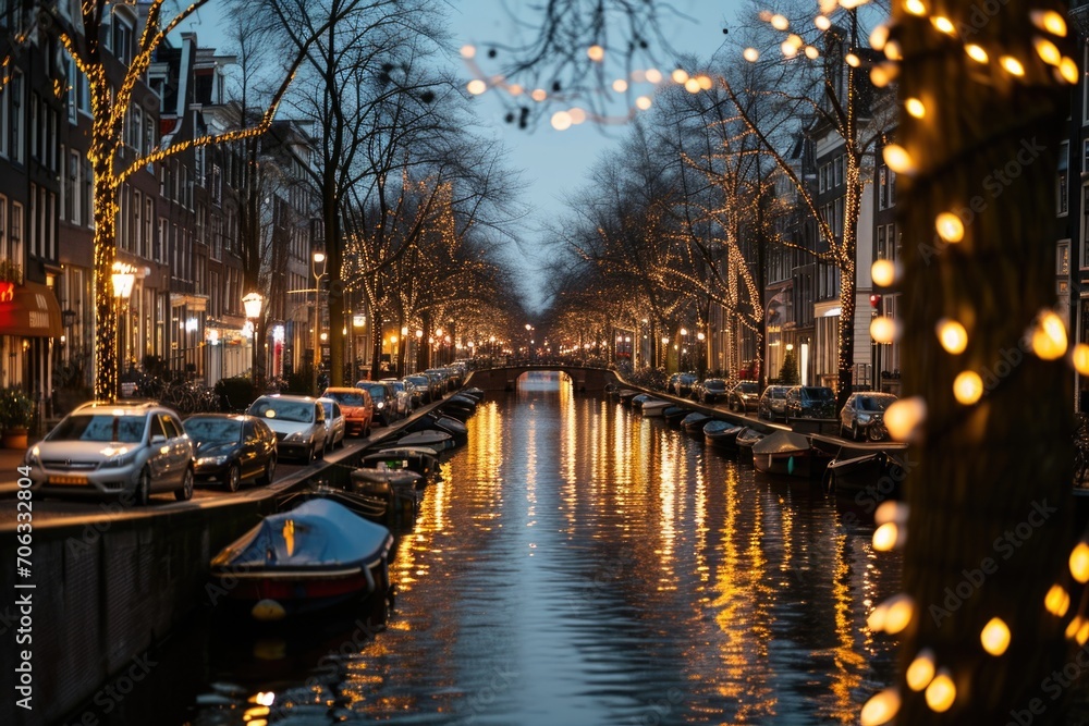 A picturesque city canal illuminated with festive Christmas lights. Perfect for capturing the magical atmosphere of the holiday season.