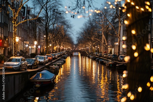 A picturesque city canal illuminated with festive Christmas lights. Perfect for capturing the magical atmosphere of the holiday season.