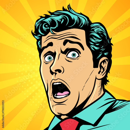 Shocked young man with wide open eyes and open mouth, vector illustration in retro pop art comic style
