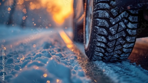 Snowy Road Closeup. Winter Tires with Bokeh Snowfall in Background