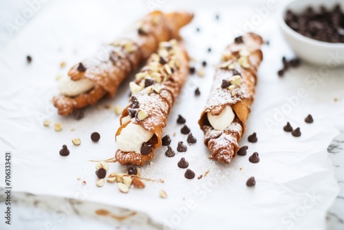 dark chocolate-dipped cannoli on white parchment