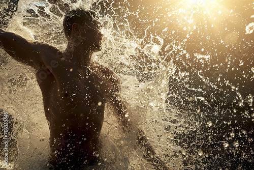 Athletic male figure surrounded by splashes of water with sunlight, concept of strength, freedom, energy, freshness. © zgurski1980