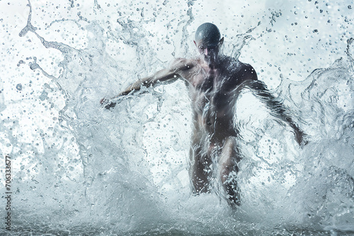 Athletic male figure surrounded by splashes of water  concept of strength  freedom  energy  freshness.