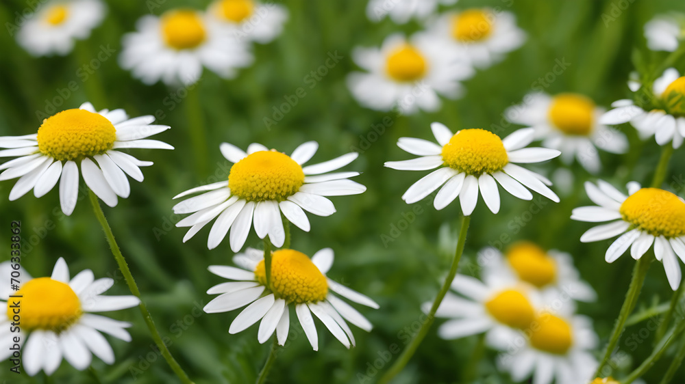 German chamomile flower wallpaper, Medicine plant wallpaper, Closed of Chamomile garden-field little yellowish-white flowers commonly called German chamomile daisy. One of the popular herbs.