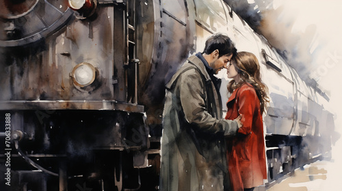 couple embrace at the train