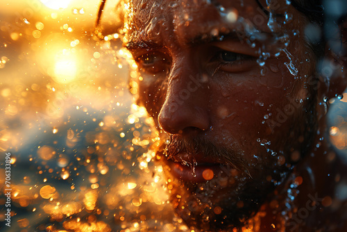 Athletic male figure surrounded by splashes of water with sunlight, close up portrait, concept of strength, freedom, energy