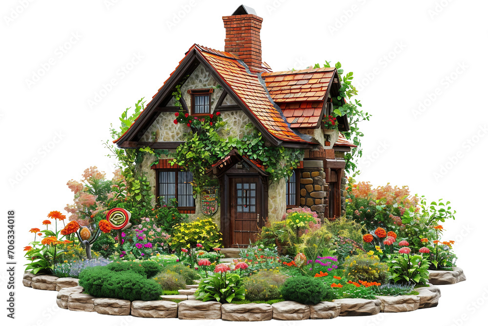 Cottage in a Flower Garden isolated on transparent background