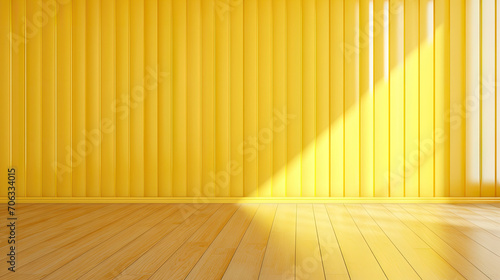 empty room with yellow wall and wooden floor, yellow corrugated wall background with shadow sunlight. A bright yellow room with a warm wooden floor and modern vertical blinds. 