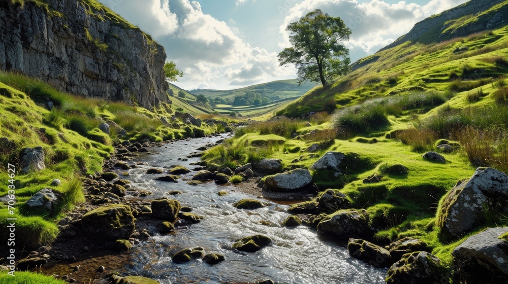 A picturesque view of a stream flowing through a vibrant green valley. This image can be used to depict the beauty of nature and the tranquility of a serene landscape A picturesque view of a stream flowing through a vibrant green valley. This image can be used to depict the beauty of nature and the tranquility of a serene landscape