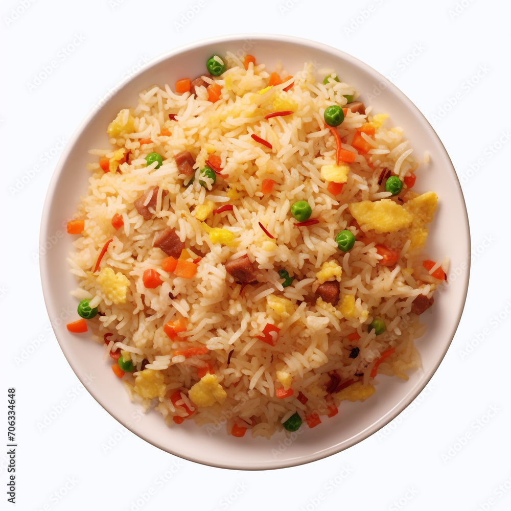 top view photography of a plate of fried rice isolated on a transparent background created with Generative Ai top view photography of a plate of fried rice isolated on a transparent background created with Generative Ai