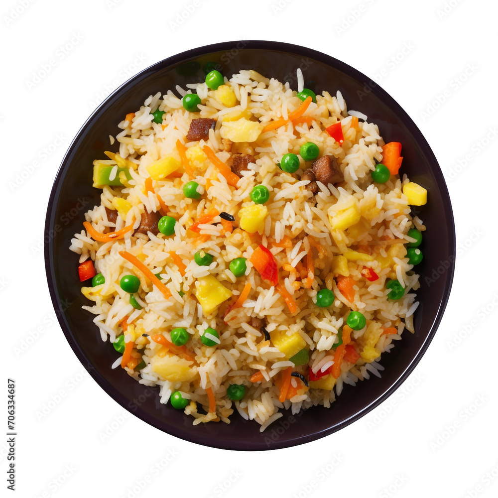 top view photography of a plate of fried rice isolated on a transparent background created with Generative Ai top view photography of a plate of fried rice isolated on a transparent background created with Generative Ai