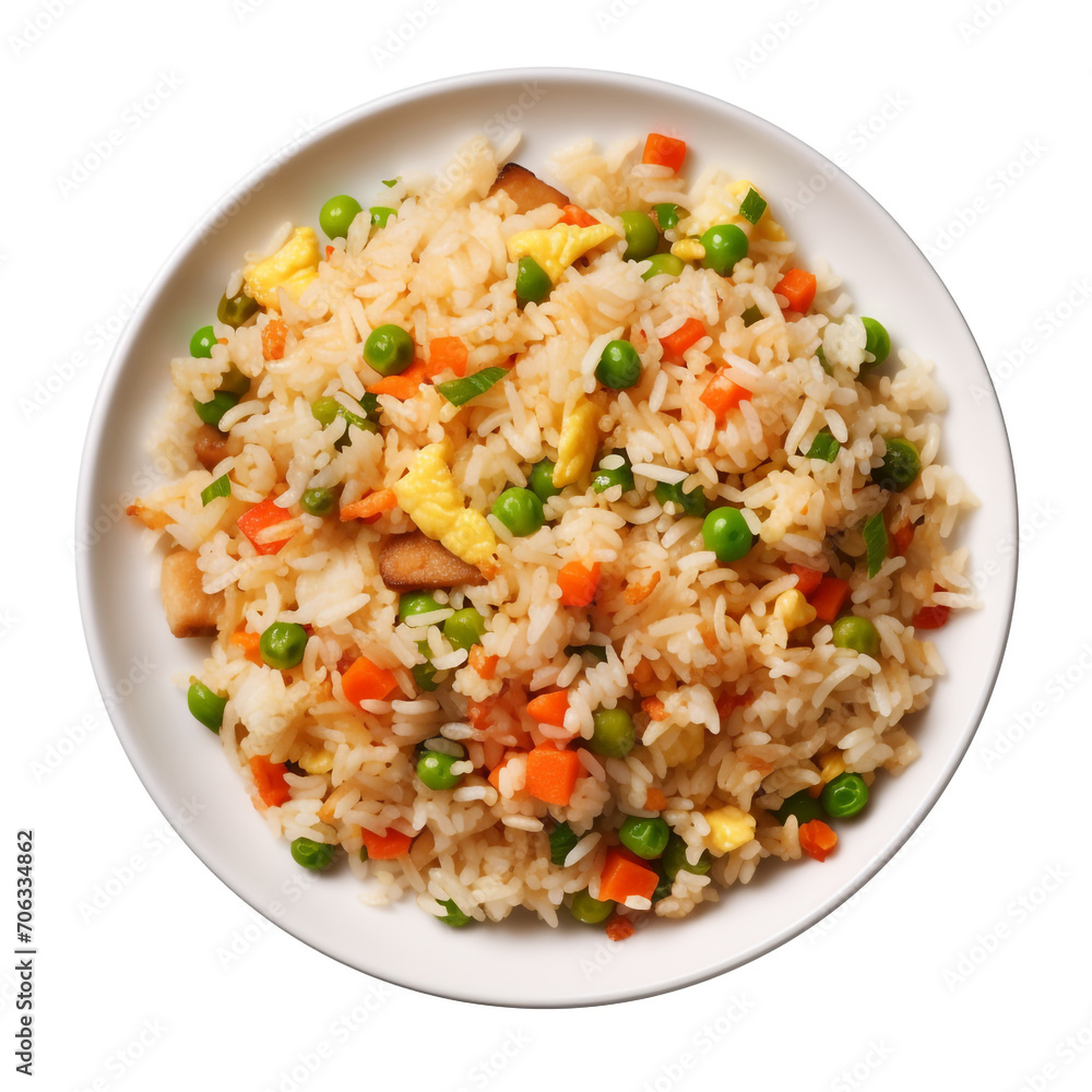 top view photography of a plate of fried rice isolated on a transparent background created with Generative Ai top view photography of a plate of fried rice isolated on a transparent background created with Generative Ai