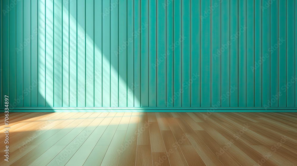 empty room with Turquoise wall and wooden floor, Turquoise corrugated wall background with shadow sunlight. A bright Turquoise room with a warm wooden floor and modern vertical blin empty room with Turquoise wall and wooden floor, Turquoise corrugated wall background with shadow sunlight. A bright Turquoise room with a warm wooden floor and modern vertical blin