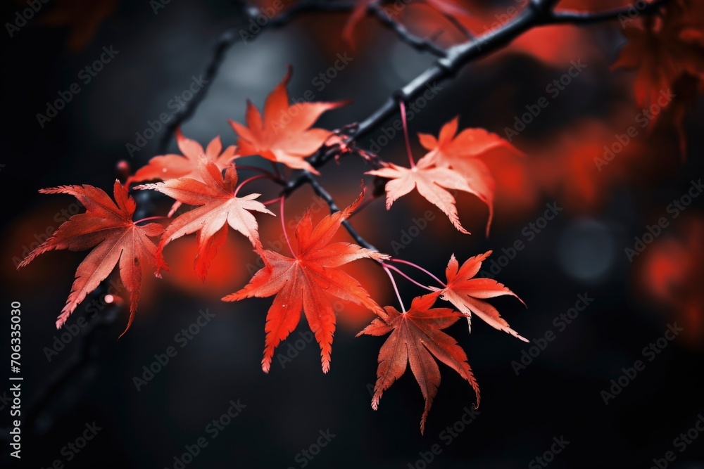 Close up selective focus photo of red maple leaves on a dark background Close up selective focus photo of red maple leaves on a dark background
