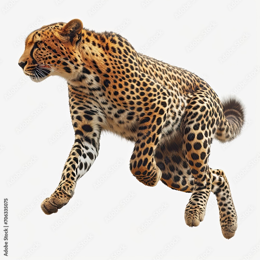 Fototapeta premium Side View Spotted Leopard Leaping Panthera, White Background, Illustrations Images