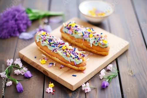 eclairs with colorful sprinkles on a wooden surface