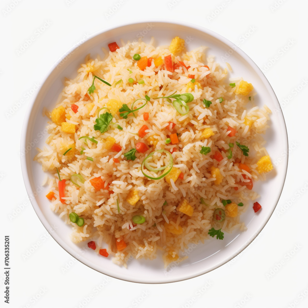 top view photography of a plate of fried rice isolated on a transparent background created with Generative Ai top view photography of a plate of fried rice isolated on a transparent background created with Generative Ai