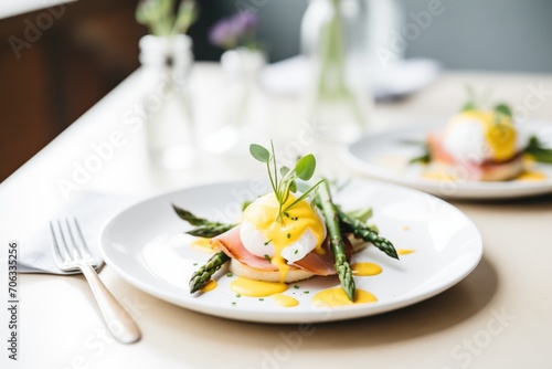 eggs benedict served with asparagus spears on the side