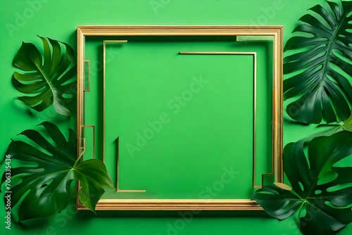 frame with green leaves on wooden background