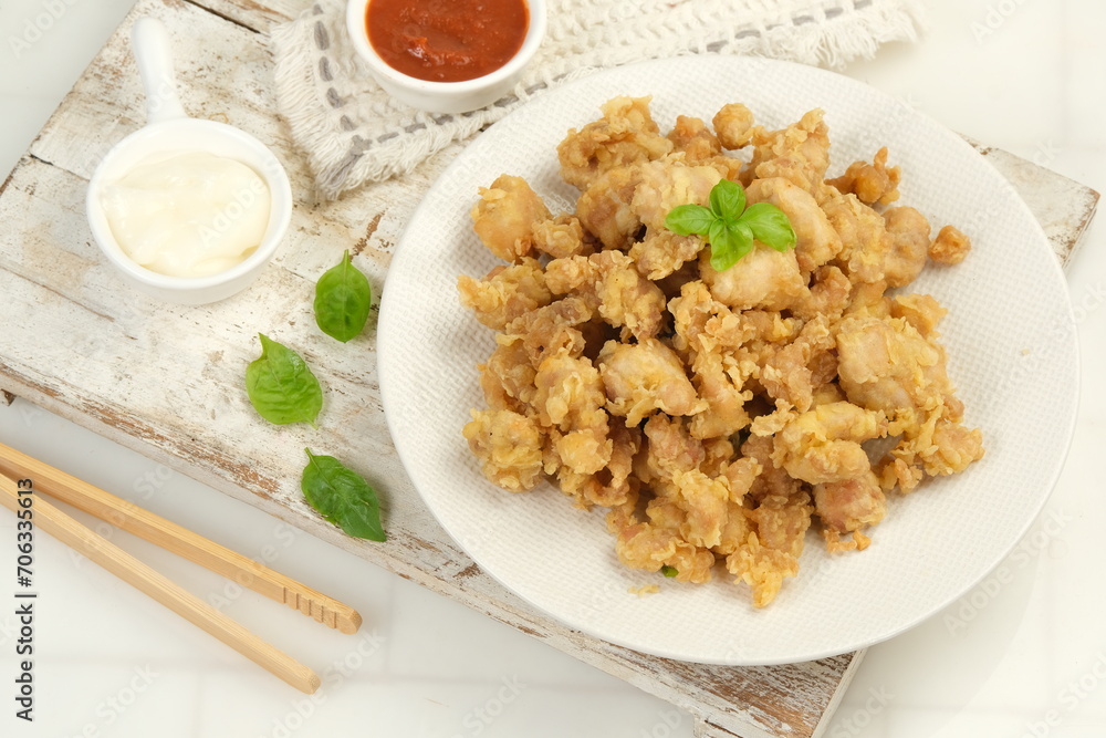 Homemade Crispy Popcorn Chicken with chilli Sauce and mayonnaise on white background Homemade Crispy Popcorn Chicken with chilli Sauce and mayonnaise on white background