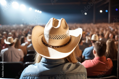A fan of country music attends a concert in a cowboy hat