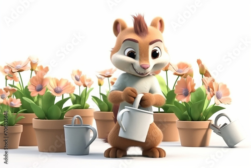 3D character cute squirrel taking care of plants