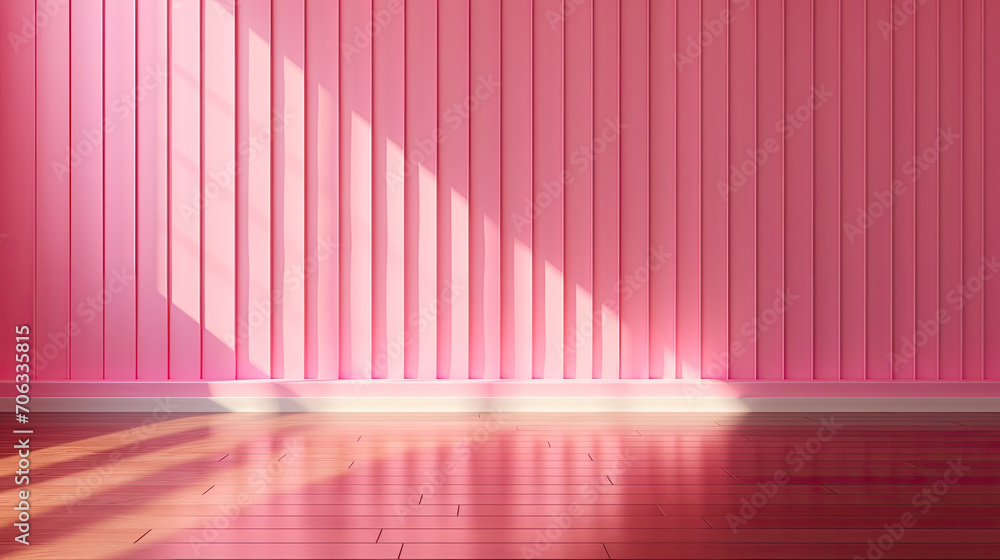 empty room with pink wall , wooden floor and spotlight,pink corrugated wall background with shadow sunlight. A bright pink room with a warm wooden floor and modern vertical blinds. empty room with pink wall , wooden floor and spotlight,pink corrugated wall background with shadow sunlight. A bright pink room with a warm wooden floor and modern vertical blinds.