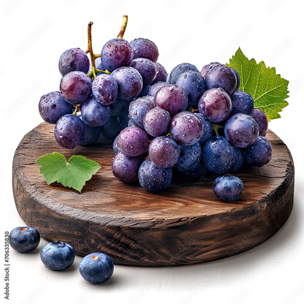 Fototapeta premium Sonaka Seedless Grapes On Wooden Pad, White Background, Illustrations Images