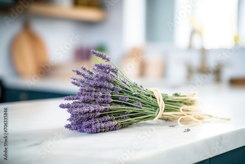 bunch of lavender tied with twine on counter