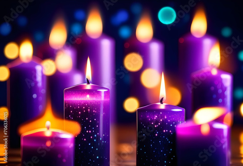 Advent Candles Burning In The Dark With Purple Glitter